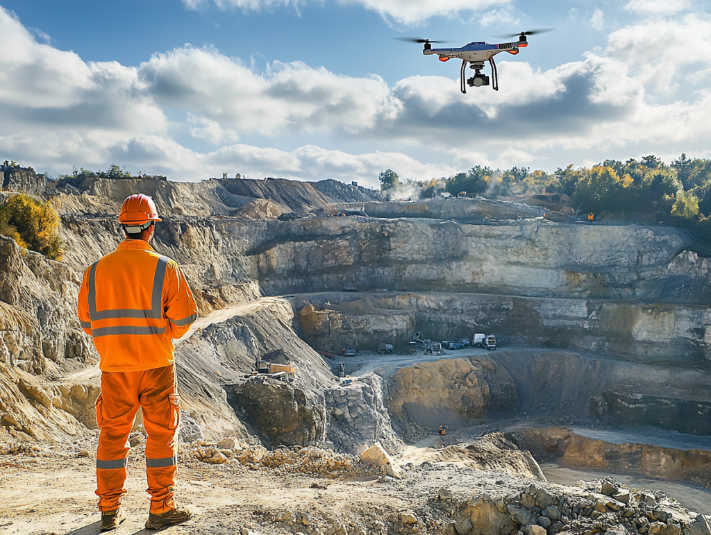 Image of a Pilot flying a drone over a quarry.  ai generated